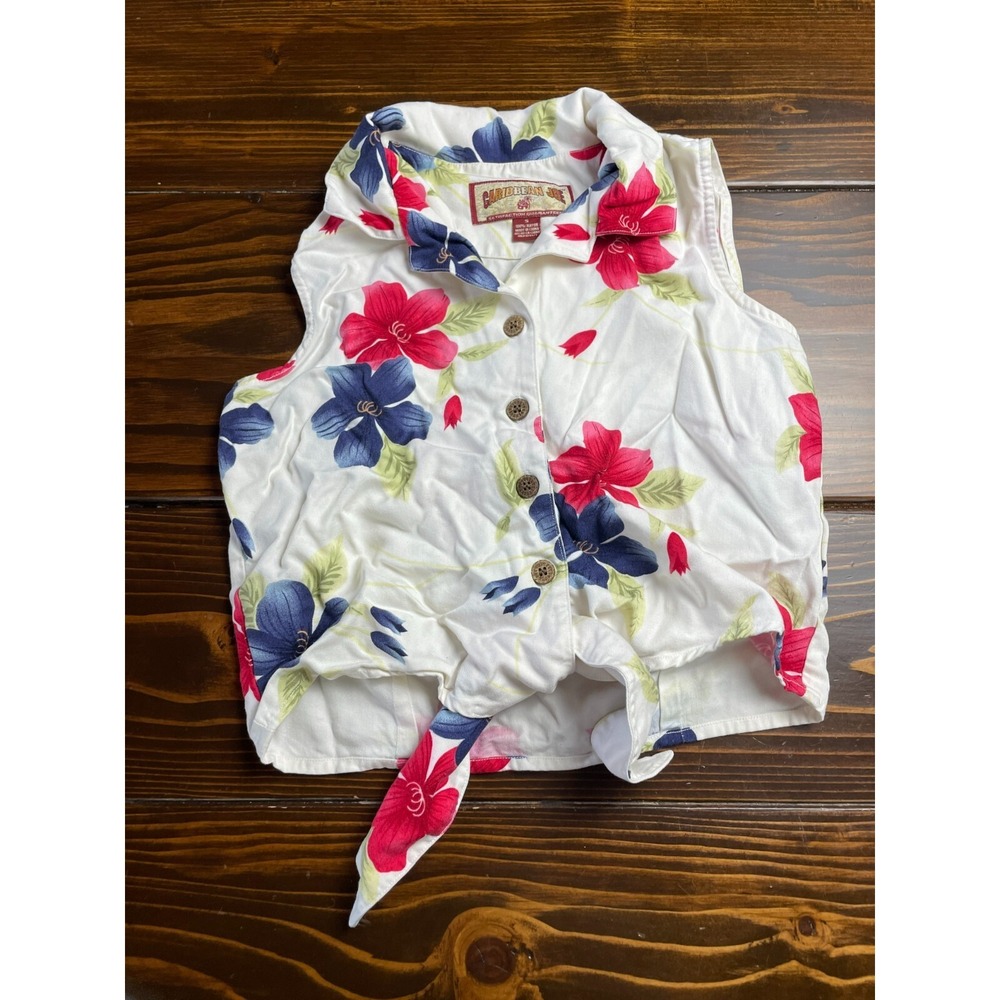 Carribean Joe Shirt, Women's Size Small, White, Floral, Cropped, Sleeveless